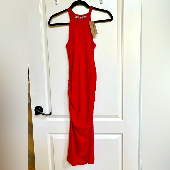 NWT Michael Stars Dress Halter Midi Ruched Dress - Red - Picture 2 of 6